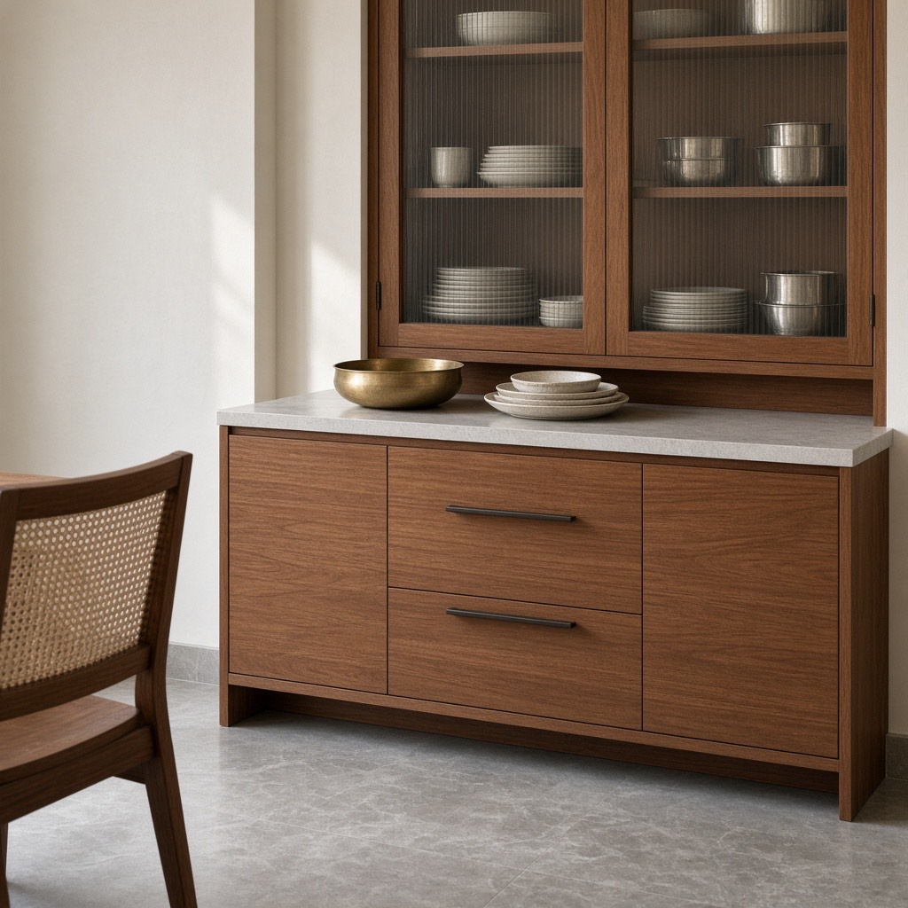 A teak crockery unit with a stone top and fluted-glass shelves holding steel and ceramic dinnerware