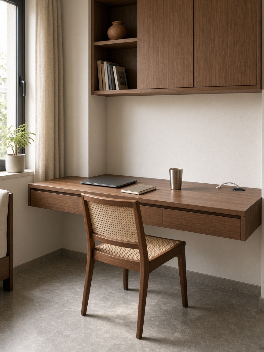 A wall-mounted walnut study desk with drawers and overhead storage, a cane-backed chair, and a window beside it