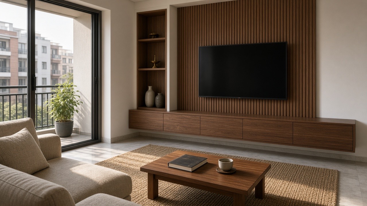 A living room with a floating walnut TV unit, a fluted wooden panel behind the screen, open shelves, a linen sofa, and a jute rug