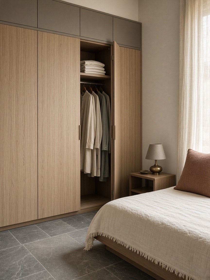 A floor-to-ceiling oak-veneer wardrobe with a loft above, one shutter open to hanging clothes, beside a bed with a handloom bedspread