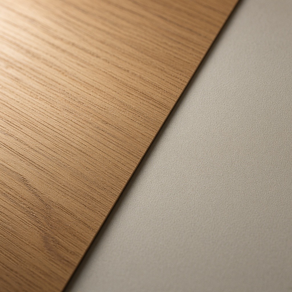 Teak veneer grain laid against a matte grey laminate sample