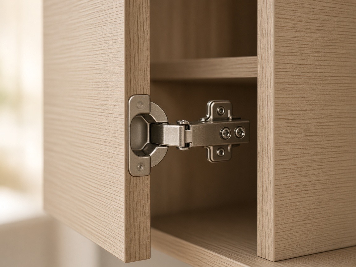 A concealed cabinet hinge with its adjustment screws, fixed inside an oak-finish wardrobe door