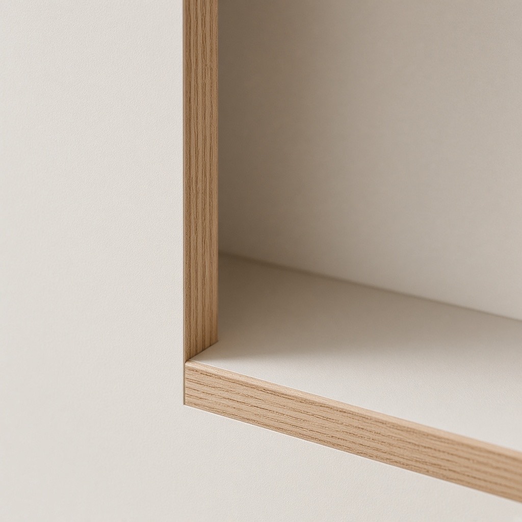 The inside corner where a cabinet side meets a shelf, with a tight seam and a light oak edge band