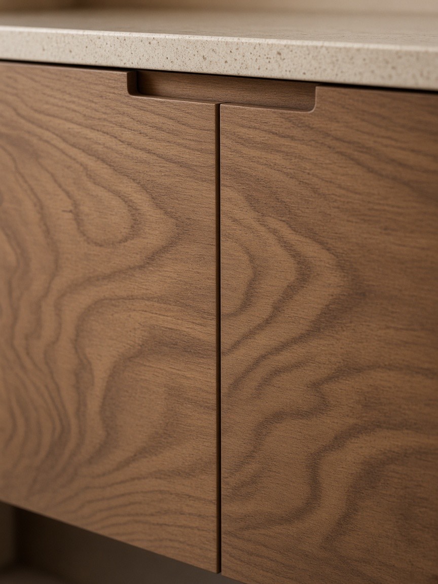 Two walnut veneer shutters with an even gap and a recessed finger pull beneath a stone counter