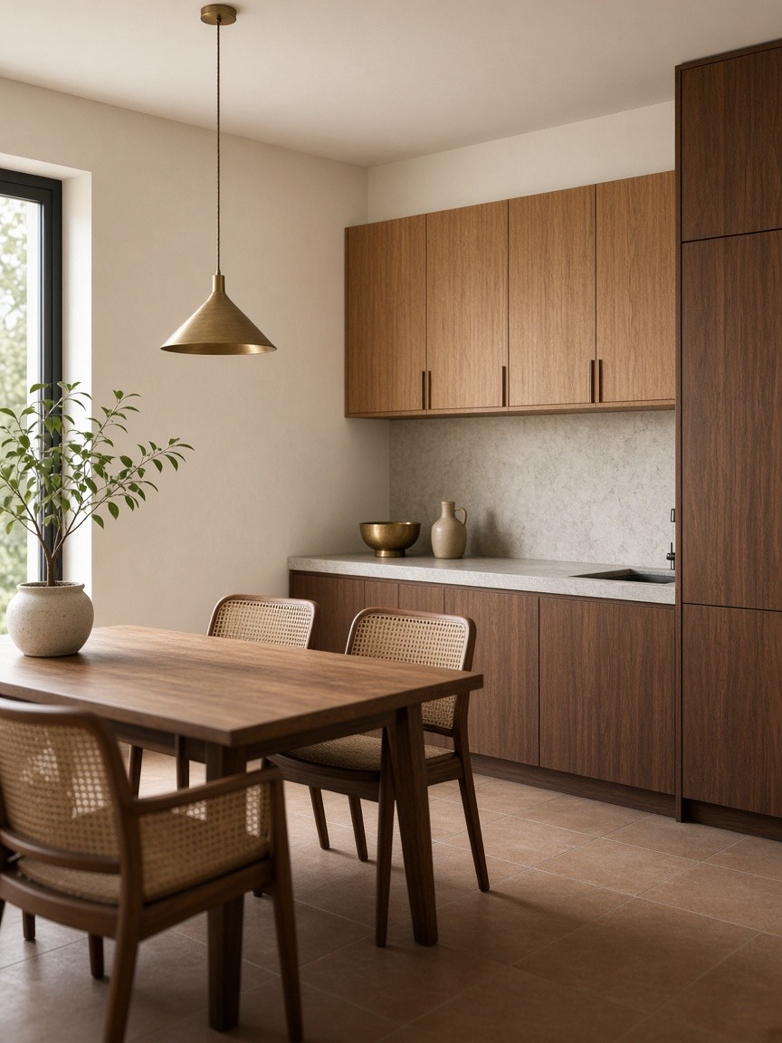 A kitchen with teak-veneer cabinets and a pale stone counter, beside a wooden dining table with cane chairs, in morning light
