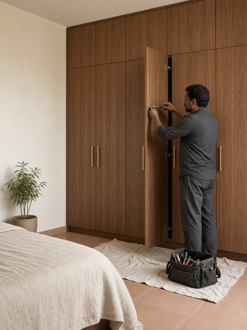 An installer adjusting the hinge of a walnut wardrobe shutter in a finished bedroom