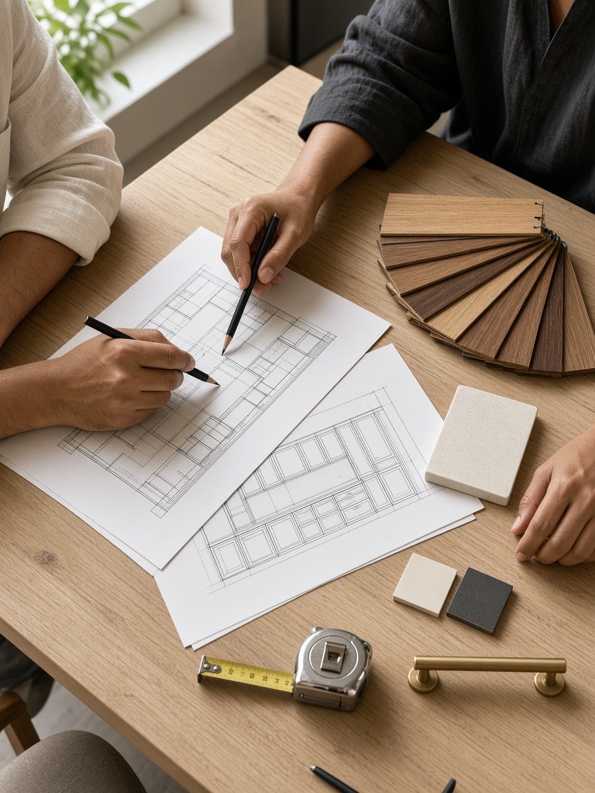 Hands marking a printed kitchen plan beside walnut and teak veneer samples, a stone sample, and a brass handle